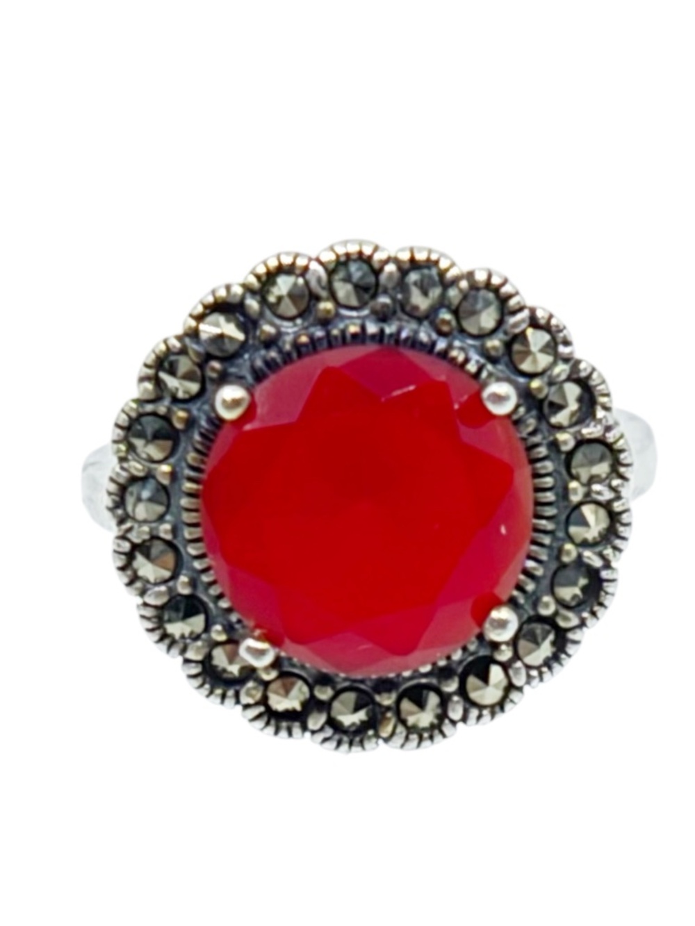 Vintage sterling silver synthetic ruby & marcasite ring - GM1077